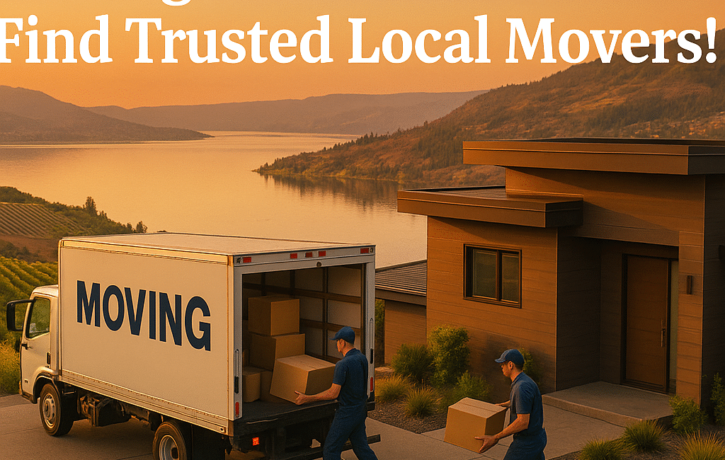 A moving truck and crew outside a West Kelowna home with a glowing view of Okanagan Lake and vineyard-covered hills