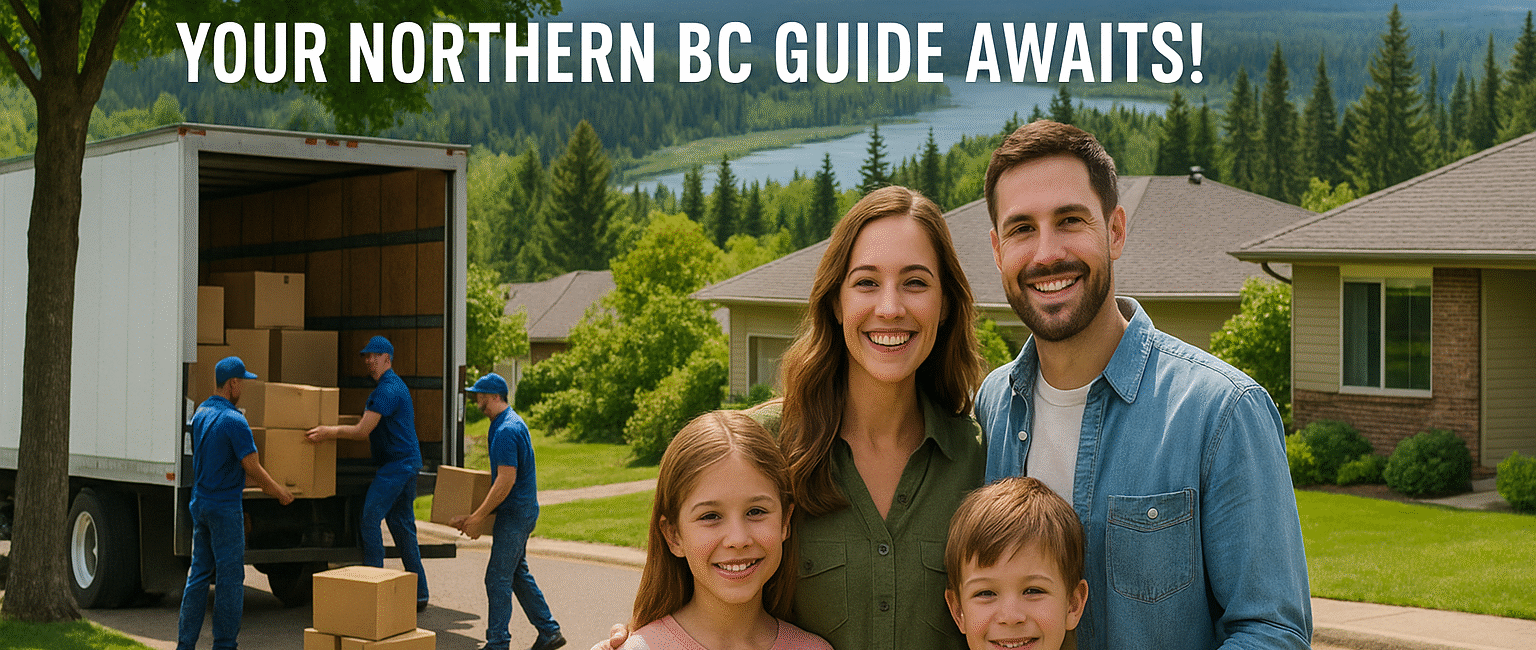 Family and movers by a truck in a tree-lined Prince George neighborhood, with rivers and mountains in the background—creating a warm, hopeful introduction