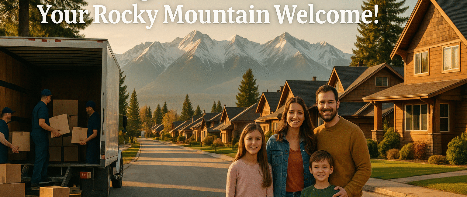 A welcoming scene with a moving truck, family, and movers in a sunny Cranbrook neighborhood with mountain views—evoking warmth and excitement