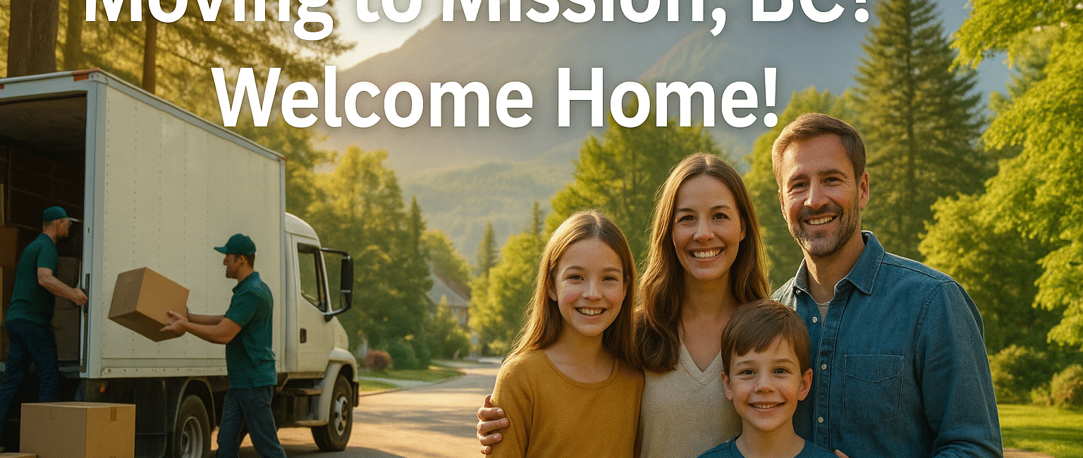 A family and movers unloading boxes beside a moving van, with mountain views and leafy Mission neighborhood in the background