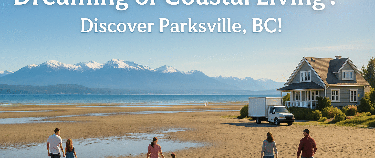 Scenic view of Parksville, BC’s Rathtrevor Beach with families, moving truck, and snow-capped mountains.