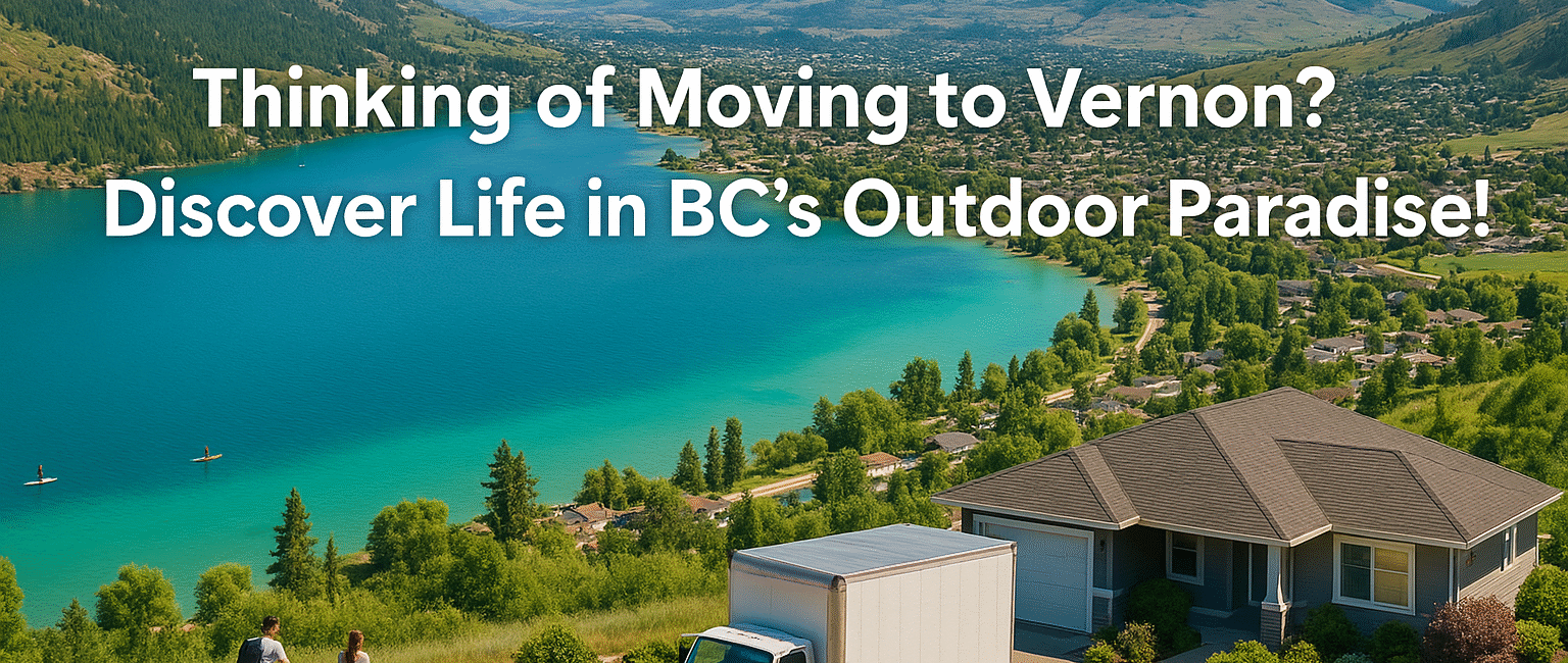 Scenic view of Vernon, BC with lakes, hills, and a moving truck in a neighborhood foreground.