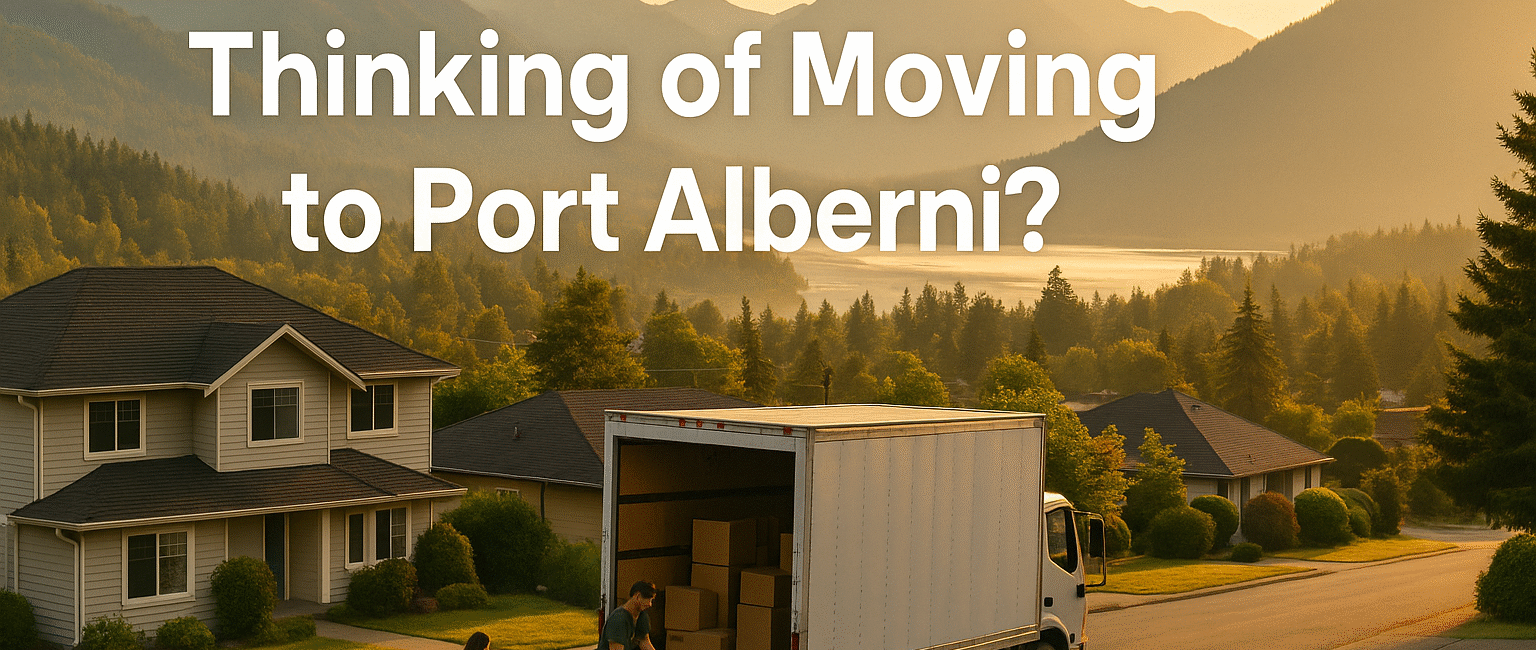 A moving truck in Port Alberni’s residential area with mountains and forests surrounding it at sunrise.