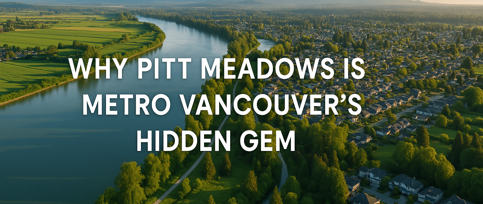 Aerial landscape of Pitt Meadows with the Fraser River, forest trails, and Golden Ears mountains in view, evoking natural charm and peaceful living.