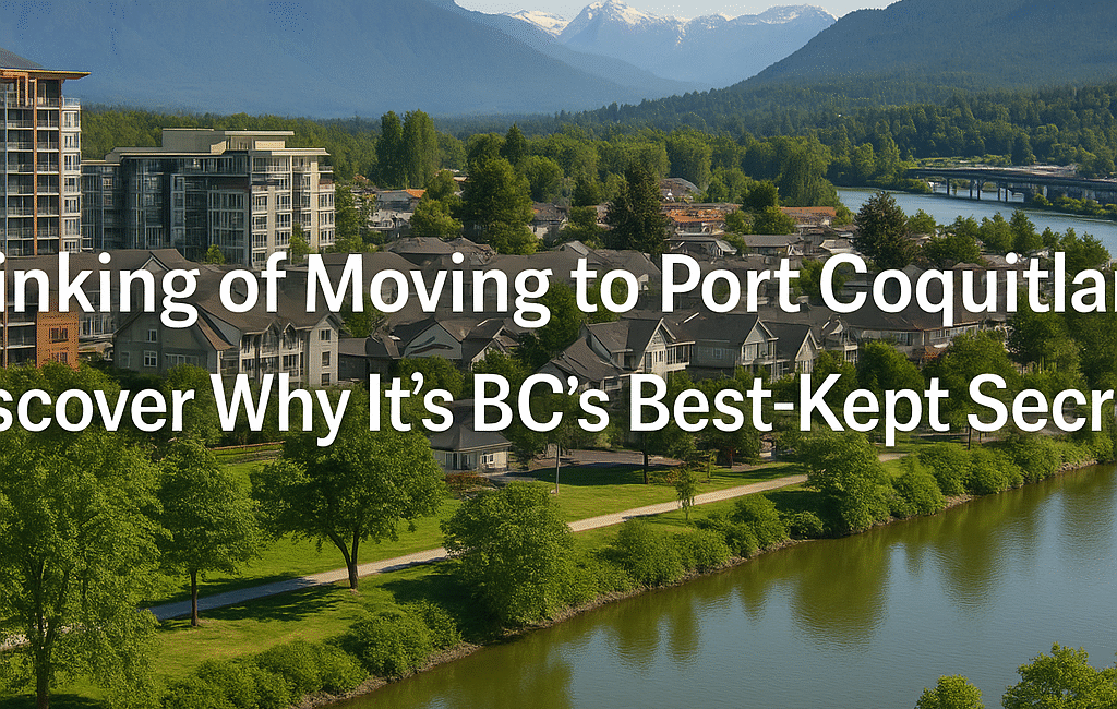 Scenic view of Port Coquitlam with condos, homes, mountains, and the Fraser River, highlighting the city’s blend of urban and natural living.