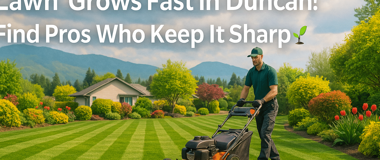 A beautifully mowed lawn in a Duncan, BC neighborhood, with a lawn care professional at work under a spring sky, symbolizing expert local lawn maintenance services.
