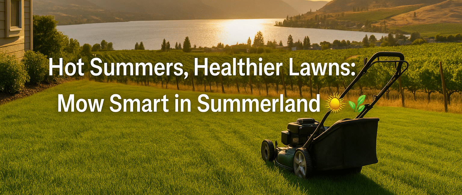 A perfectly mowed lawn in Summerland, BC, with lake views, vineyards, and golden summer light, illustrating smart lawn care strategies for a semi-arid climate.