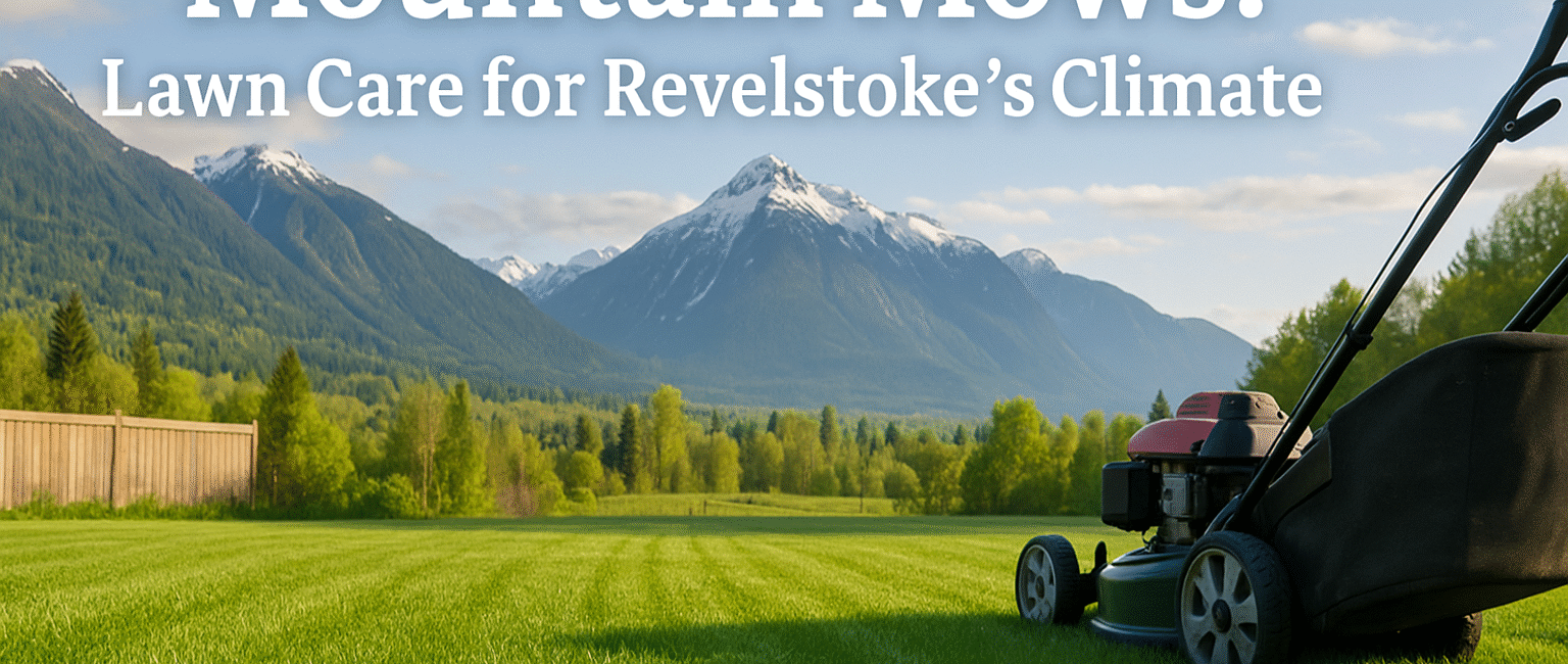 Revelstoke backyard with a freshly trimmed lawn, a mower visible, and Columbia Mountains in the background under soft sunlight—highlighting mountain-specific lawn care in action.