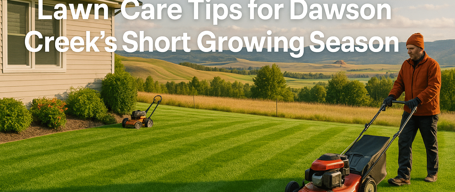Freshly mowed Dawson Creek lawn with a backdrop of northern hills, symbolizing strategic lawn care during the region’s brief summer season.