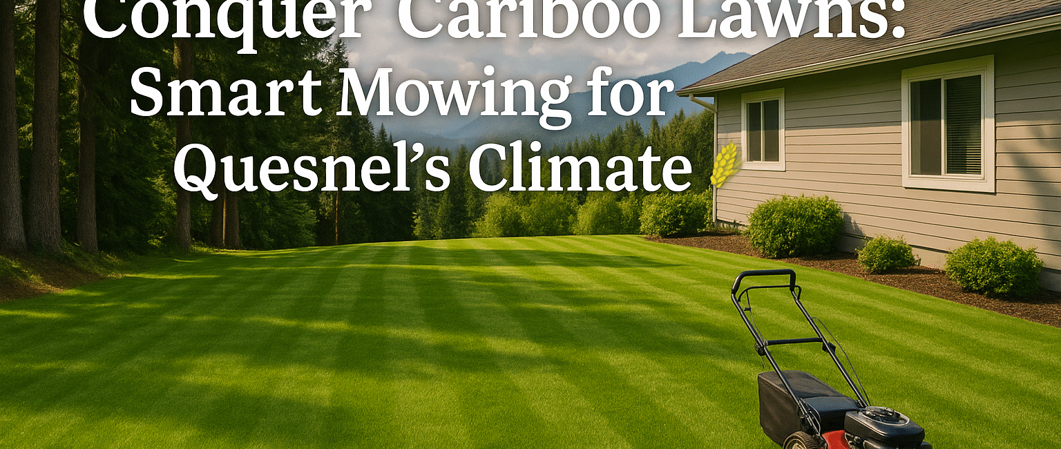 Freshly mowed lawn in Quesnel, BC, with healthy green grass, bordered by tall evergreens and distant mountain views, highlighting proper lawn care in a variable climate.