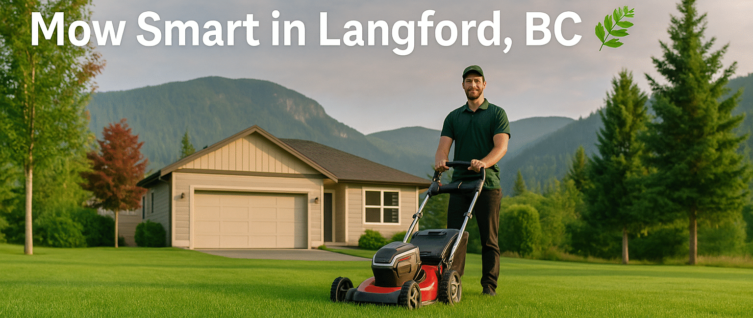 A healthy, green Langford lawn freshly cut to 3 inches, framed by Vancouver Island forest and mountain backdrops, illustrating expert mowing practices in a mild coastal climate.