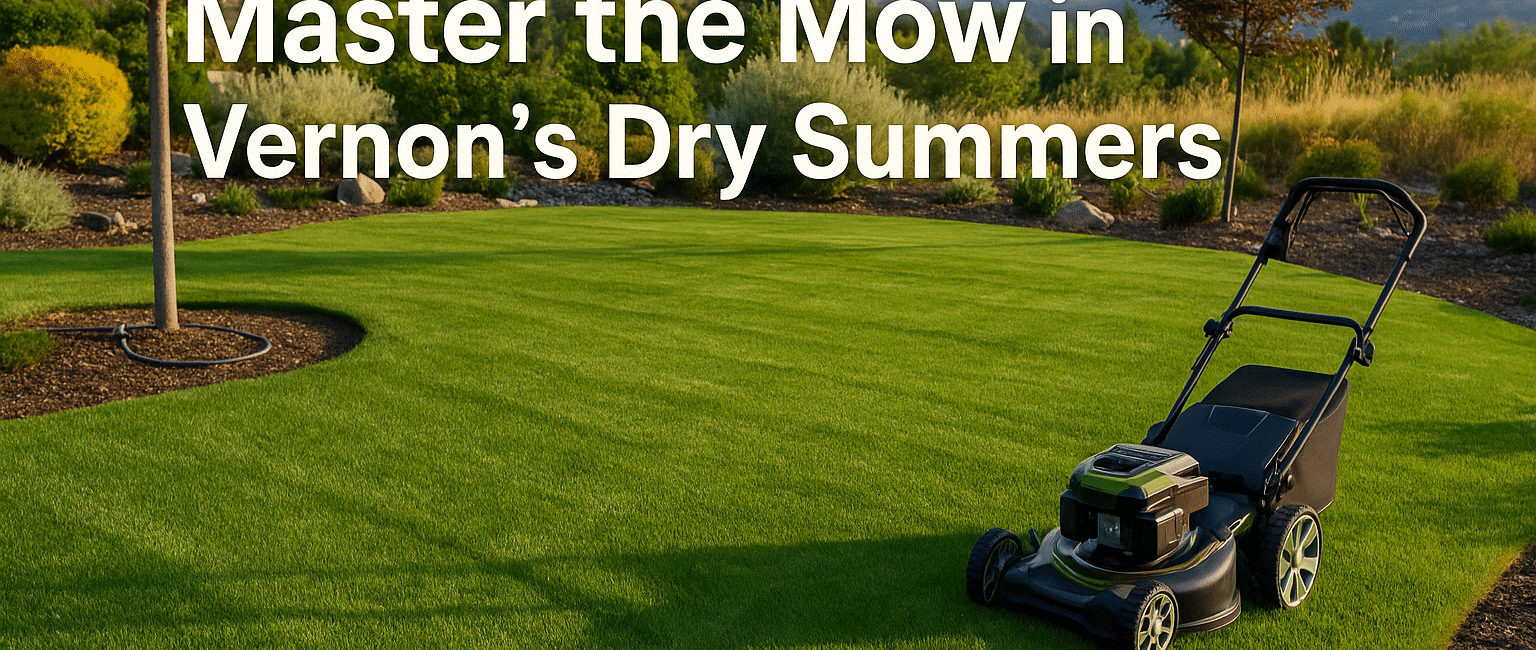 Freshly mowed lawn in Vernon, BC, with green grass and surrounding Okanagan scenery, illustrating smart lawn care practices for hot, dry summers.