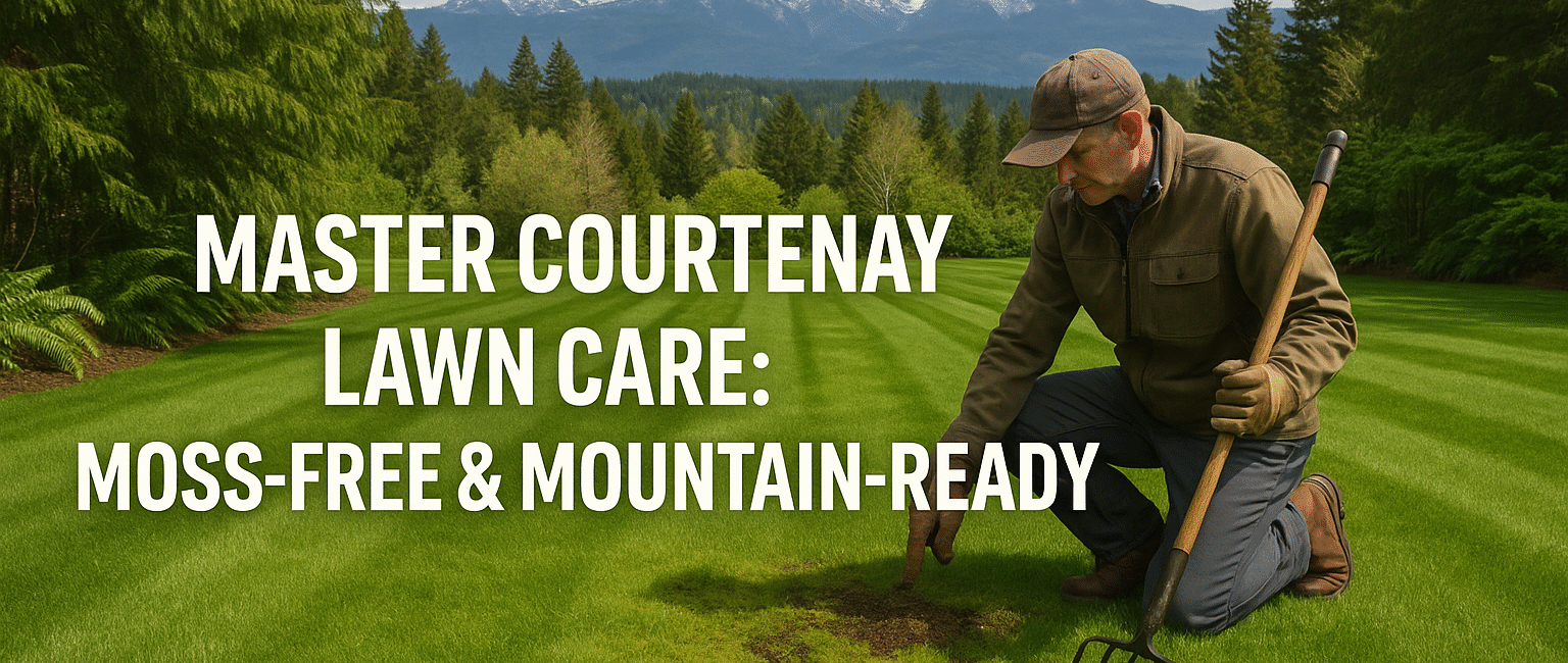 A freshly-mowed suburban lawn in Courtenay with a homeowner inspecting aerated soil near a moss patch, backed by cedar trees and the Beaufort Mountains.