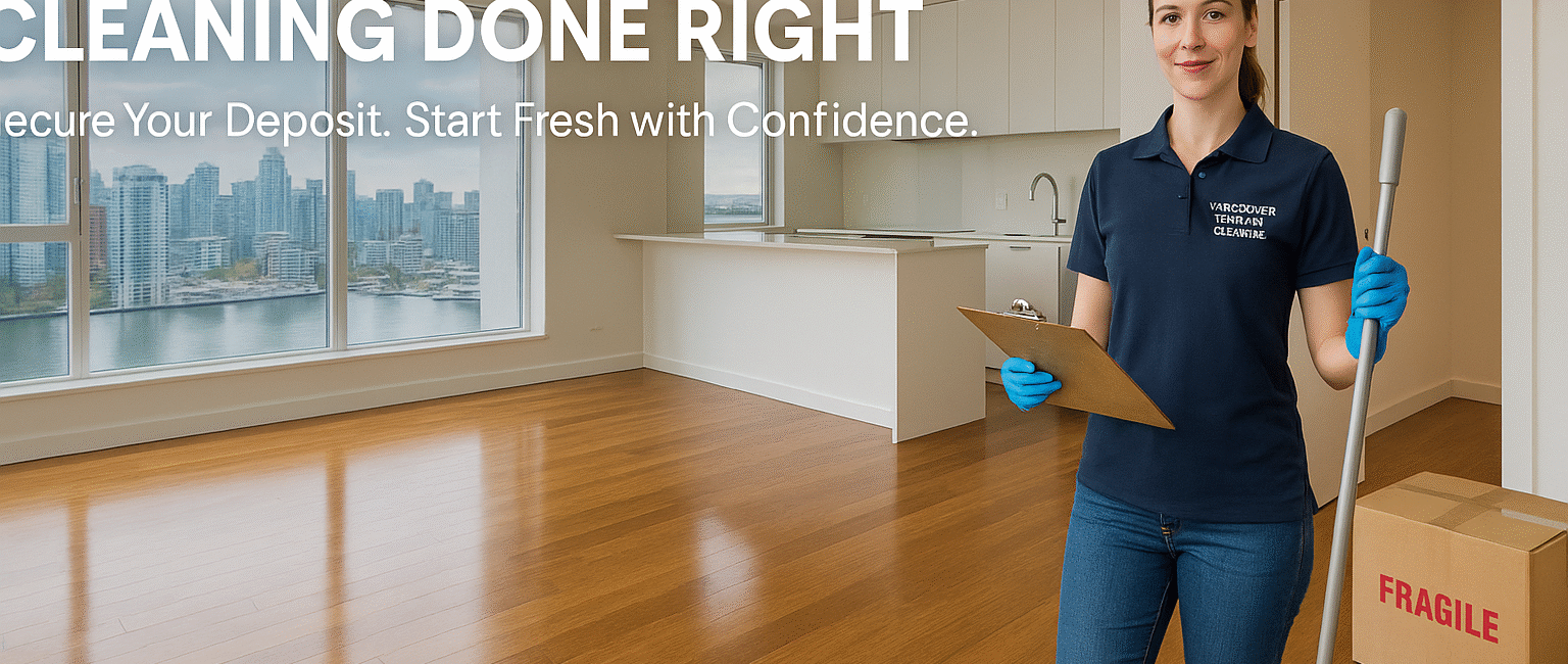 A spotless Vancouver apartment interior with hardwood floors and city views, as a professional cleaner stands ready with checklist and mop beside labeled moving boxes.