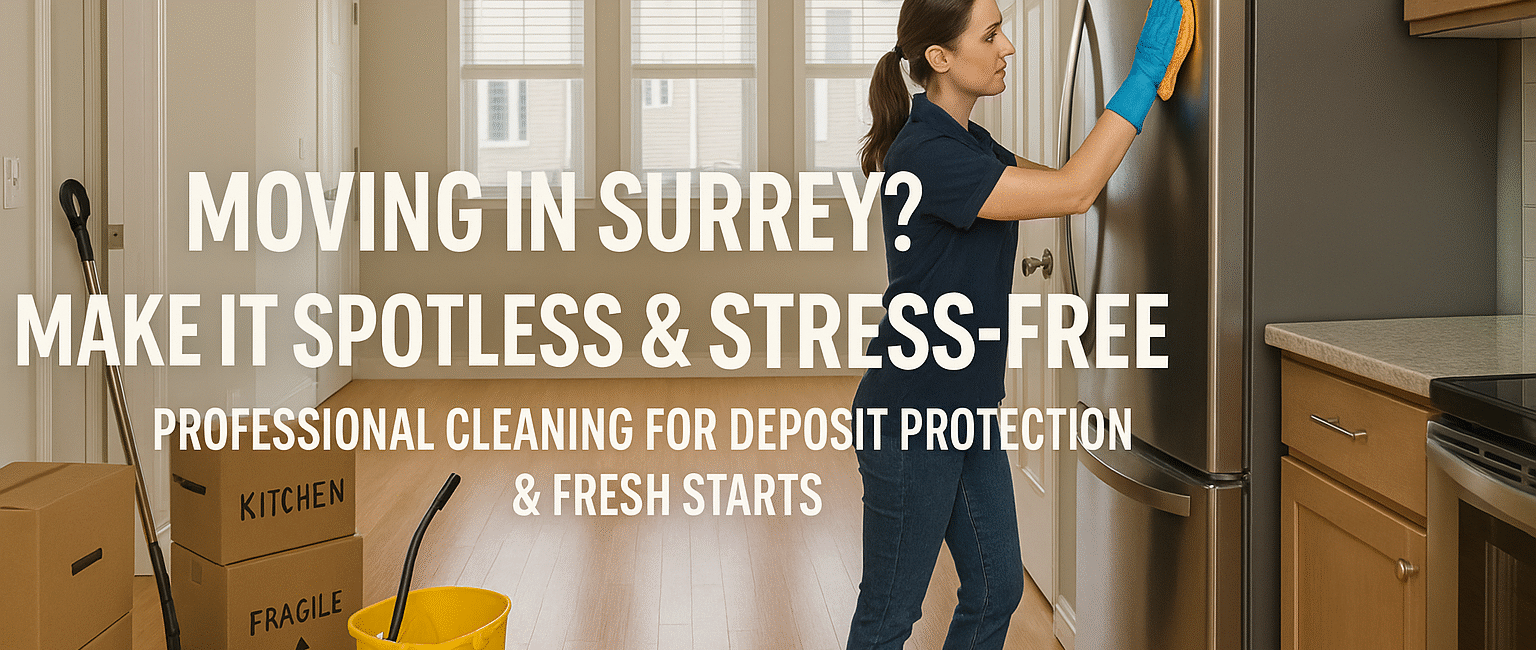 A clean and empty townhouse in Surrey, BC, with labeled moving boxes and a professional cleaner wiping down appliances, ready for new occupants.