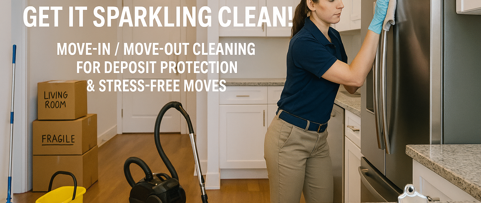 Cleaner wiping down kitchen surfaces in a spotless Burnaby home with labeled boxes and cleaning tools in view.