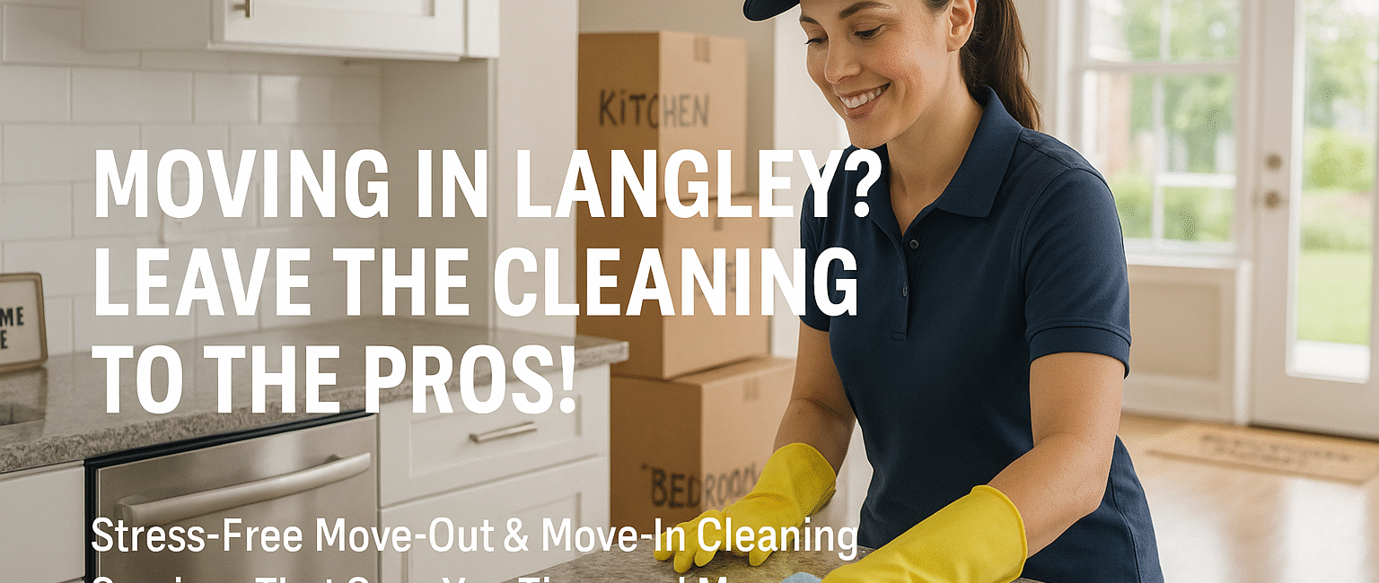 Professional cleaner wiping down kitchen surfaces in a spotless Langley home with labeled moving boxes in view.