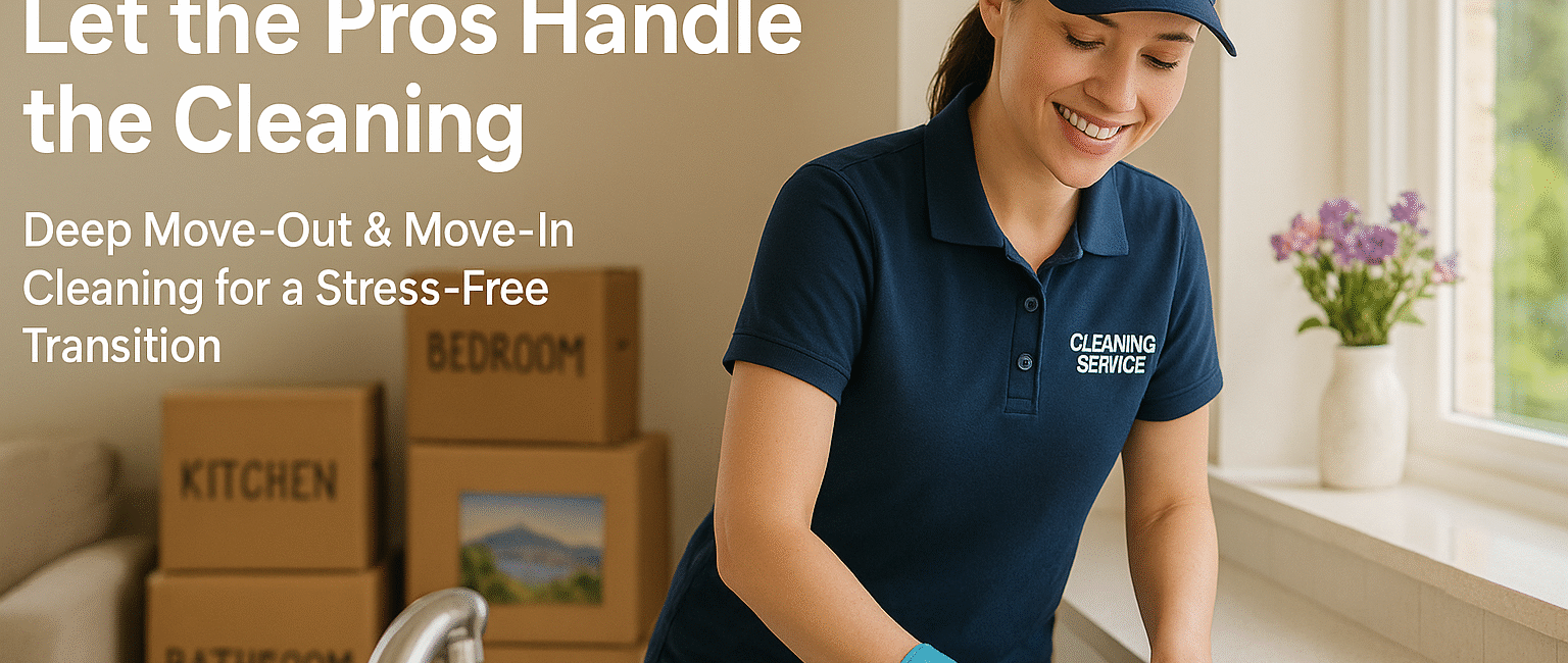 Professional cleaner wiping a countertop in a sunny Penticton home, moving boxes stacked neatly in the background.