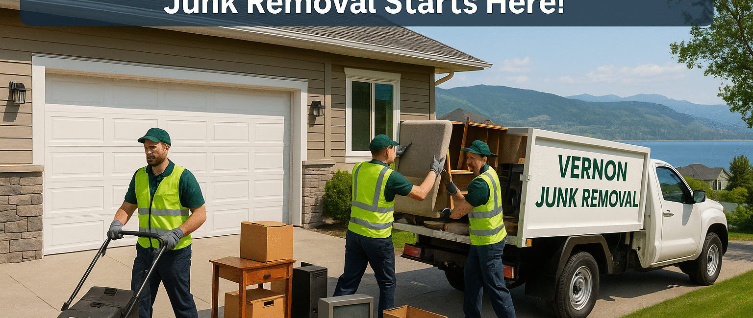 Junk removal truck and crew clearing household items from a Vernon home, with Okanagan landscape in the background