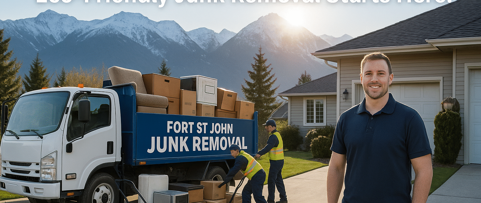 Fort St John junk removal crew loading furniture and boxes onto a truck outside a tidy northern BC home.