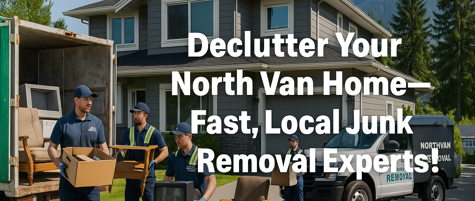 Junk removal professionals working in front of a North Vancouver home with mountain views, loading furniture into a truck