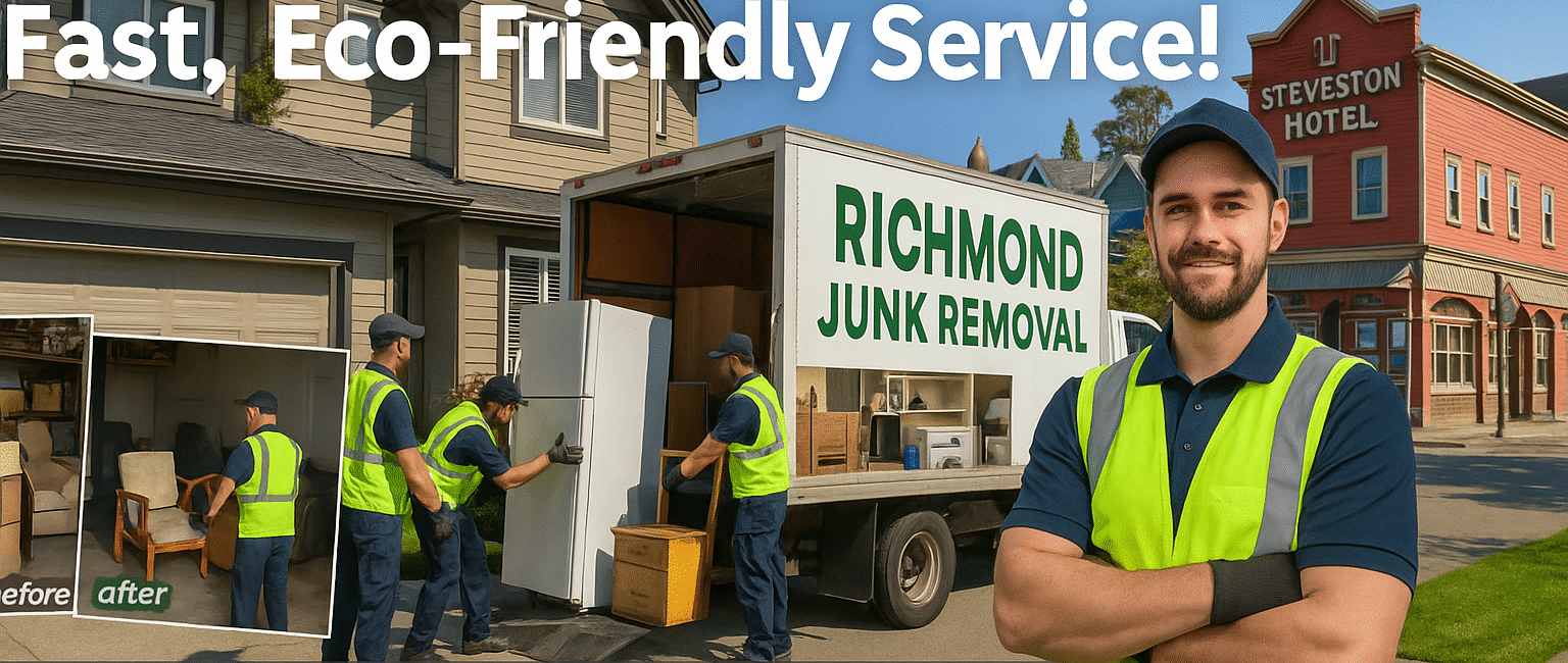 Junk removal crew loading appliances and furniture into a truck outside a Richmond home with recognized local landmarks in the background