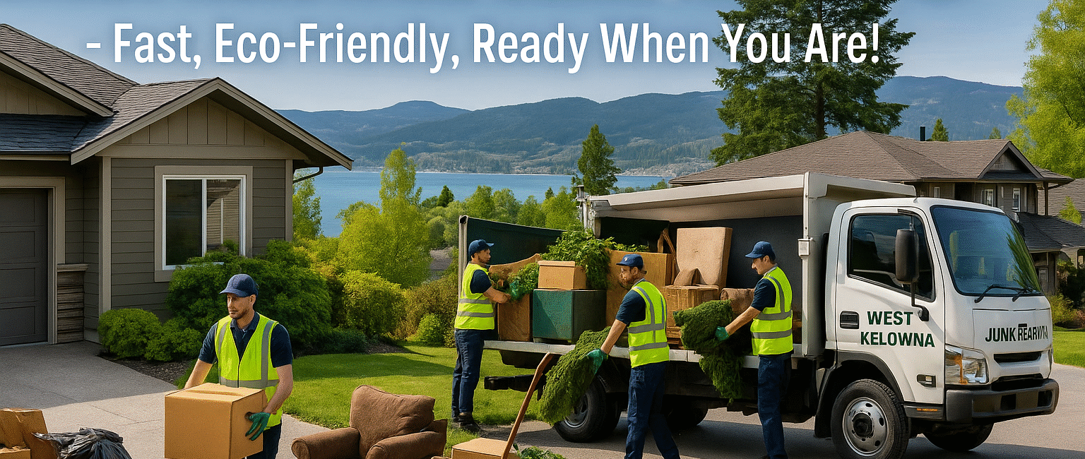Junk removal team loading a truck outside a West Kelowna lakeside home, emphasizing eco-friendly cleanup.