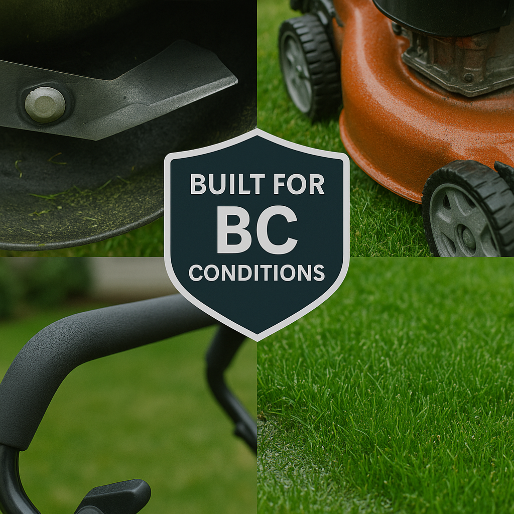 Close up of high quality mower features needed for BCs wet and dry seasons emphasizing durability and reliability