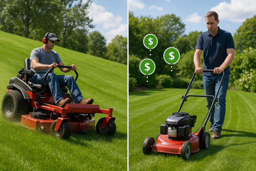 Pro Mowers vs Your Push Mower: What's the Real Difference? ⚔️ 1 Commercial zero turn mower covering terrain quickly beside a slow moving push mower on a BC lawn showing clear performance contrast 1
