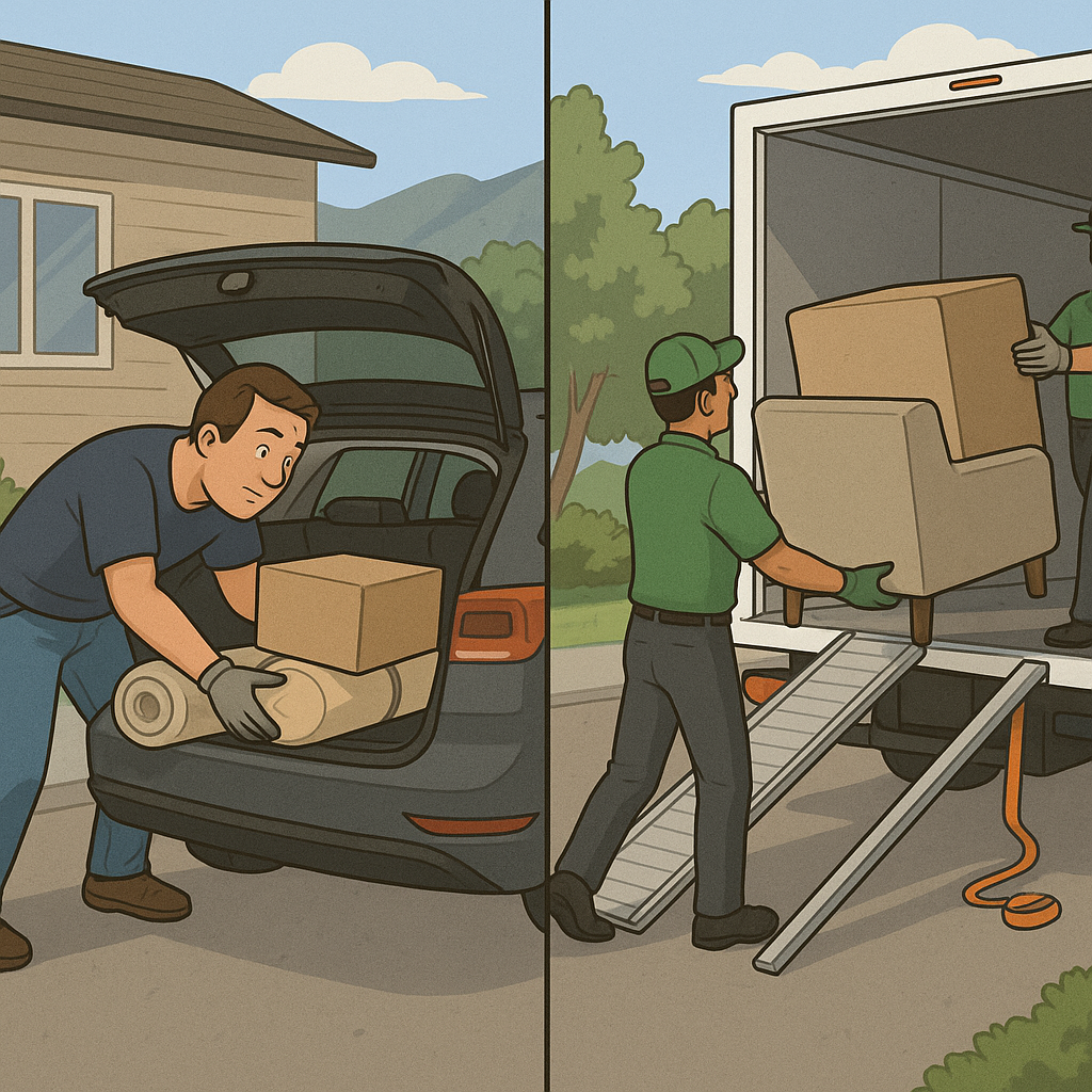 Complete Guide to Junk Removal & Recycling in Vernon, BC ποΈβ»οΈ 2 Comparison of DIY and professional junk removal options in Vernon showing effort and equipment differences
