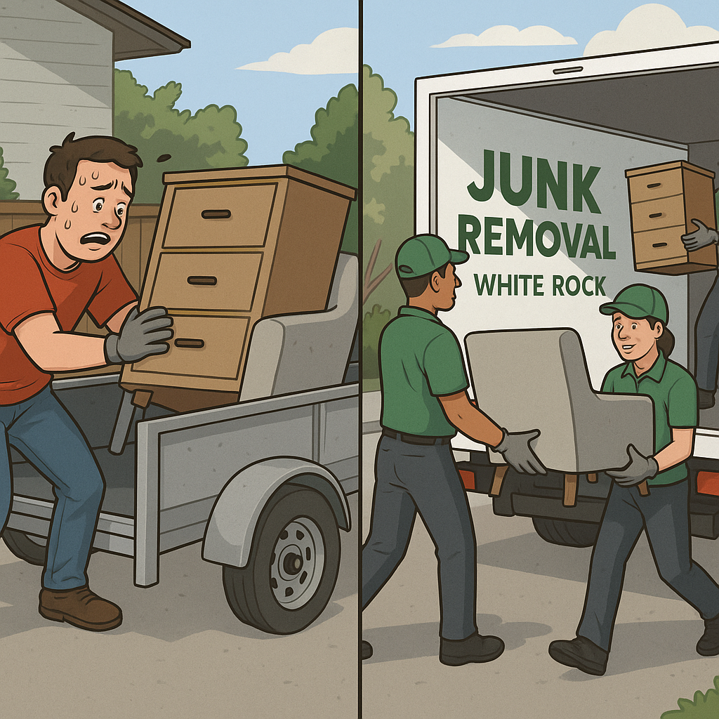 Comparison of DIY junk removal vs. professional service in White Rock showing effort and efficiency difference