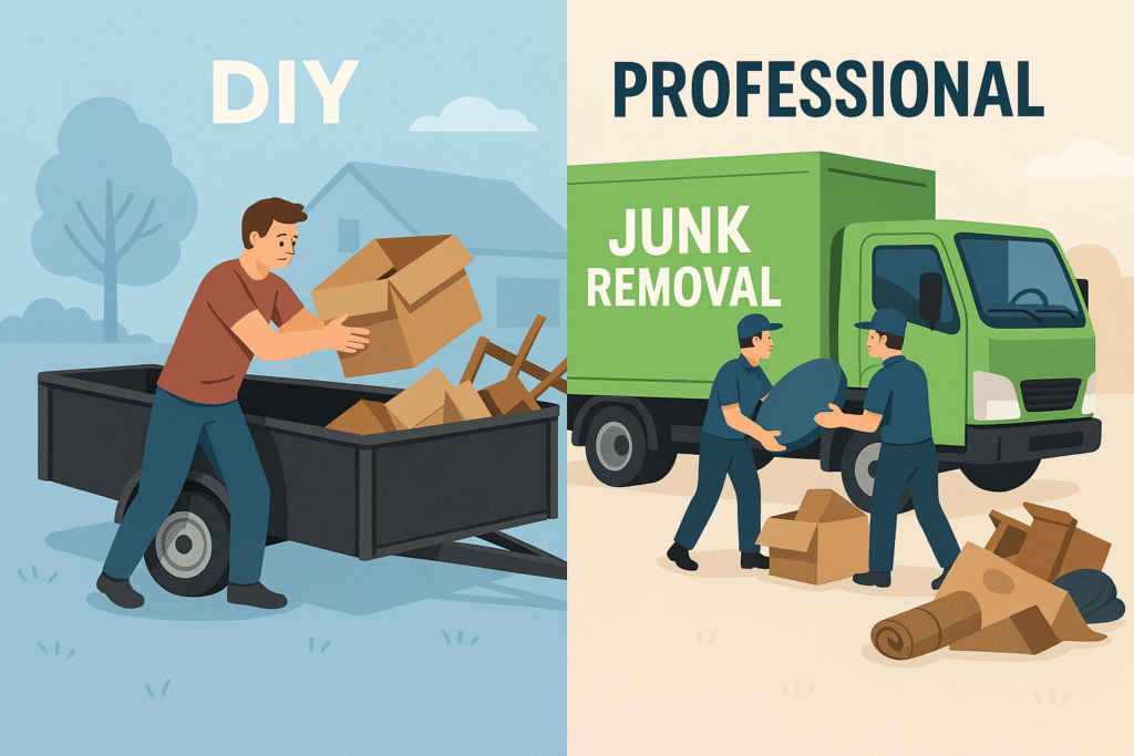 Comparison of DIY vs professional junk removal efforts in Terrace showing time labor and efficiency differences