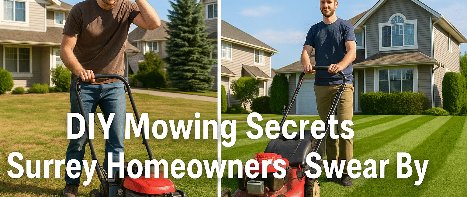 Comparison of a Surrey homeowner mowing a patchy lawn beside a neighbor with a beautifully striped lawn, illustrating DIY lawn care tips