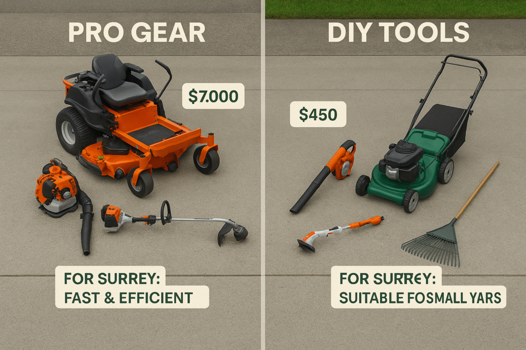 Comparison of professional vs. homeowner lawn mowing tools with cost and usage info for Surrey lawns