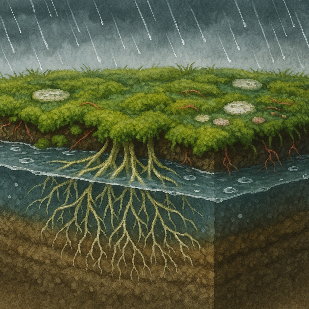 Cutaway view of a BC lawn showing waterlogged soil moss growth and fungal lawn damage under constant rainfall