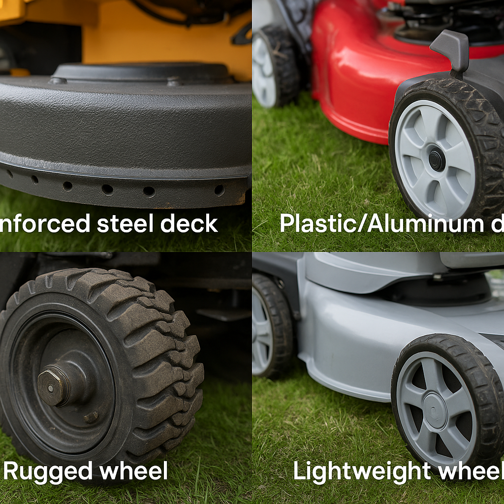Pro Mowers vs Your Push Mower: What's the Real Difference? ⚔️ 3 Durability contrast of mower components showing heavy duty parts on commercial models versus lightweight residential materials