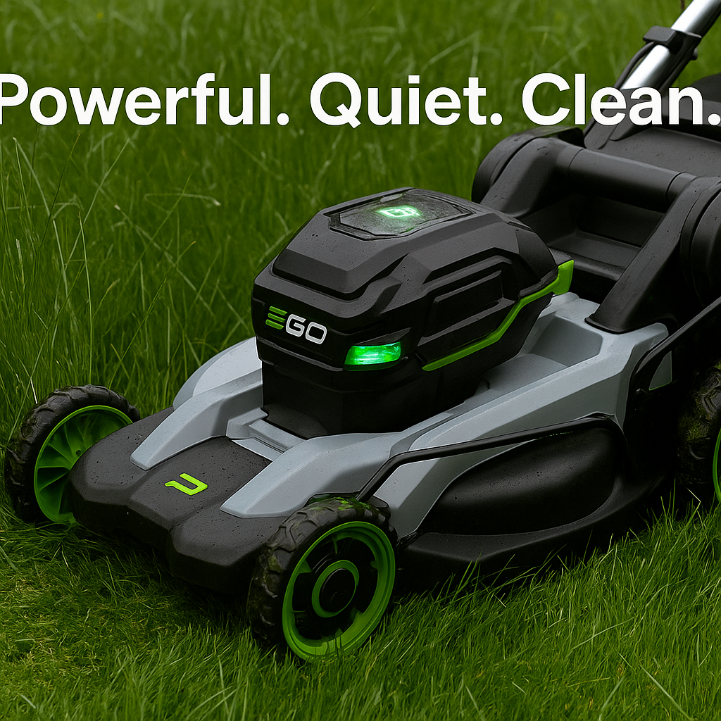 🏆 Top-Rated Lawn Mowers for 2025 in BC: Expert Reviews 3 EGO Power electric mower operating in damp BC grass demonstrating its strong battery and quiet operation