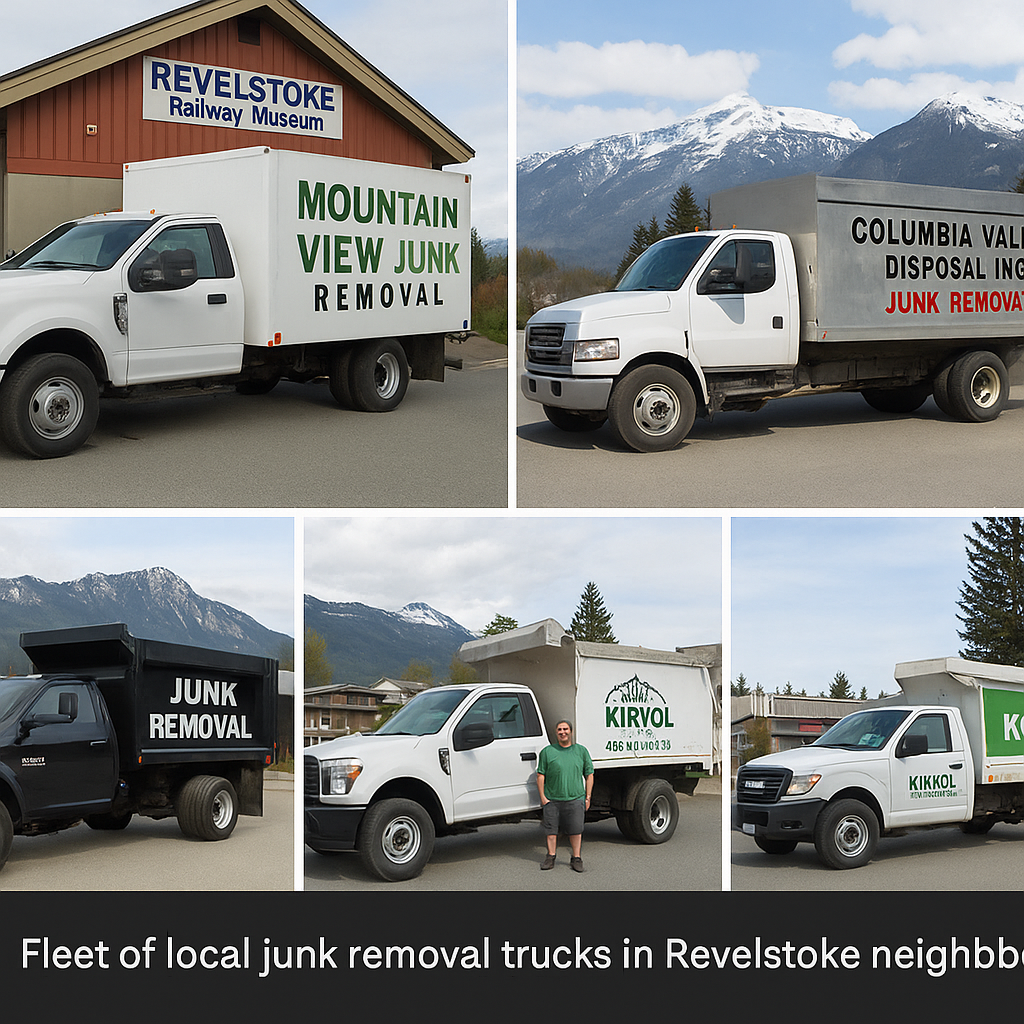 Fleet of local junk removal trucks in Revelstoke neighborhoods