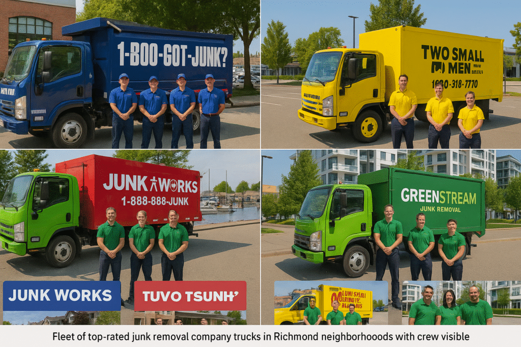 Fleet of top rated junk removal company trucks in Richmond neighborhoods with crew visible