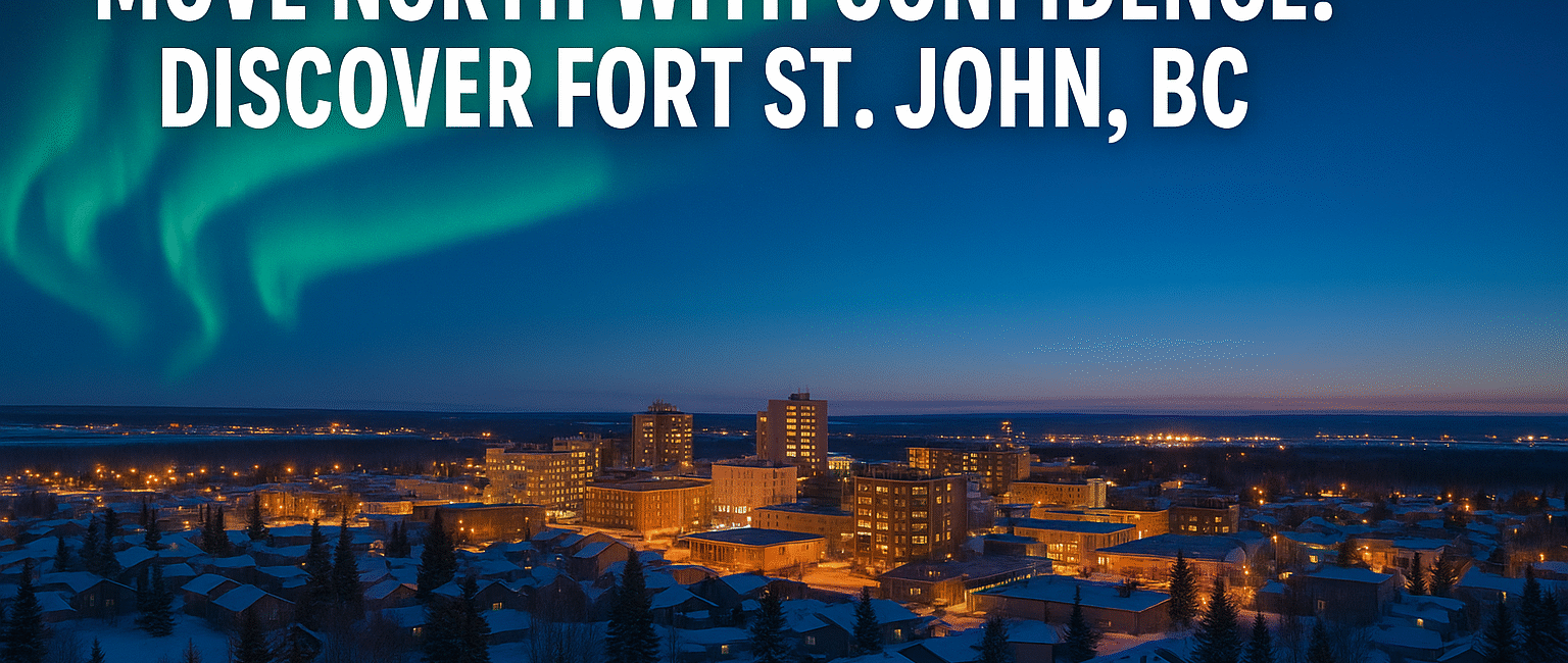 Fort St. John at twilight with northern lights, snowy rooftops, and glowing city skyline.