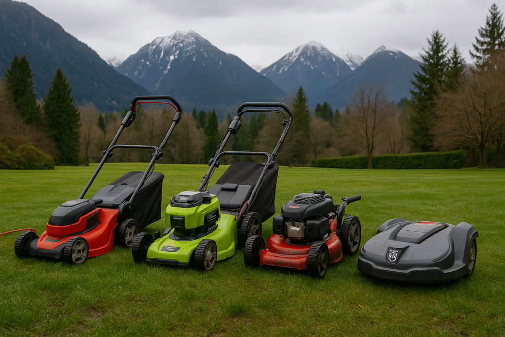 Four mower types presented on a BC lawn with mountains behind