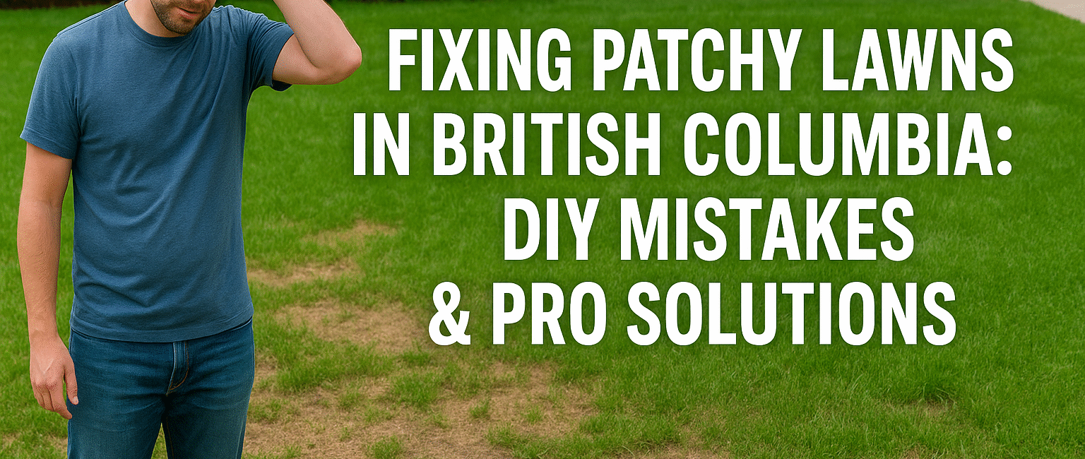 Frustrated BC homeowner standing on a lawn with brown patches and uneven grass, contrasted by a lush green neighborβs lawn. Text overlay highlights patchy lawn repair theme