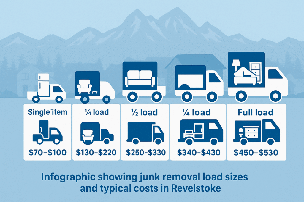 Infographic showing junk removal load sizes and typical costs in Revelstoke