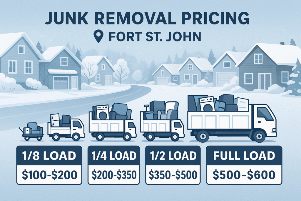 π Complete Guide to Junk Removal & Recycling Services in Fort St John, BC (2025) 1 Junk removal pricing chart for Fort St John with visual truck load indicators and cost ranges