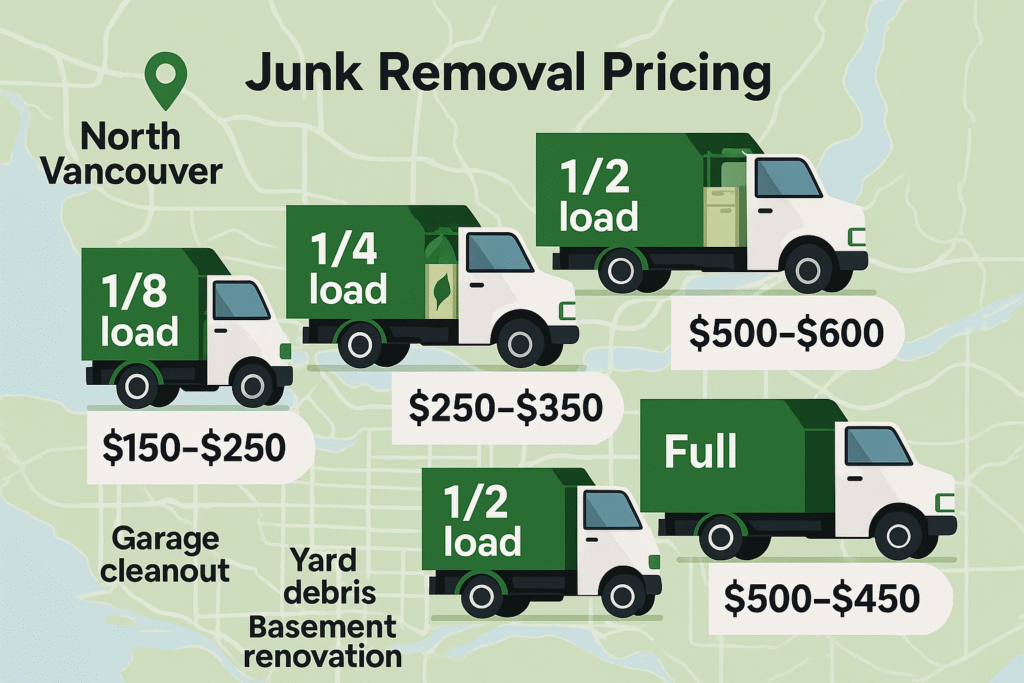 Junk removal pricing chart showing load sizes and cost ranges for North Vancouver homes