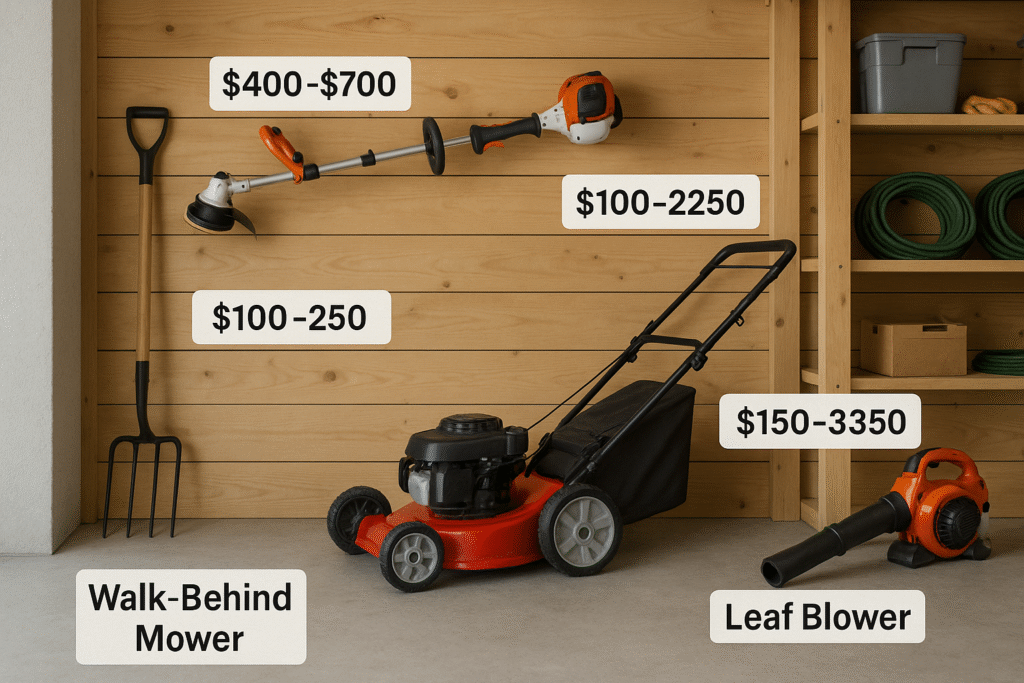 DIY Lawn Tools You'll Need to Compete with a Pro (and Their Cost) 🏡 1 Lawn equipment setup in a BC homeowners shed with visible price labels for mowers trimmers and blowers