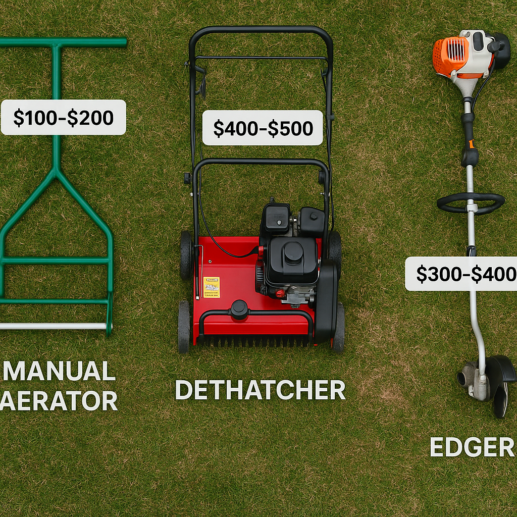 DIY Lawn Tools You'll Need to Compete with a Pro (and Their Cost) 🏡 2 Pro level lawn tools laid out on BC grass including an aerator dethatcher and edger labeled with cost ranges