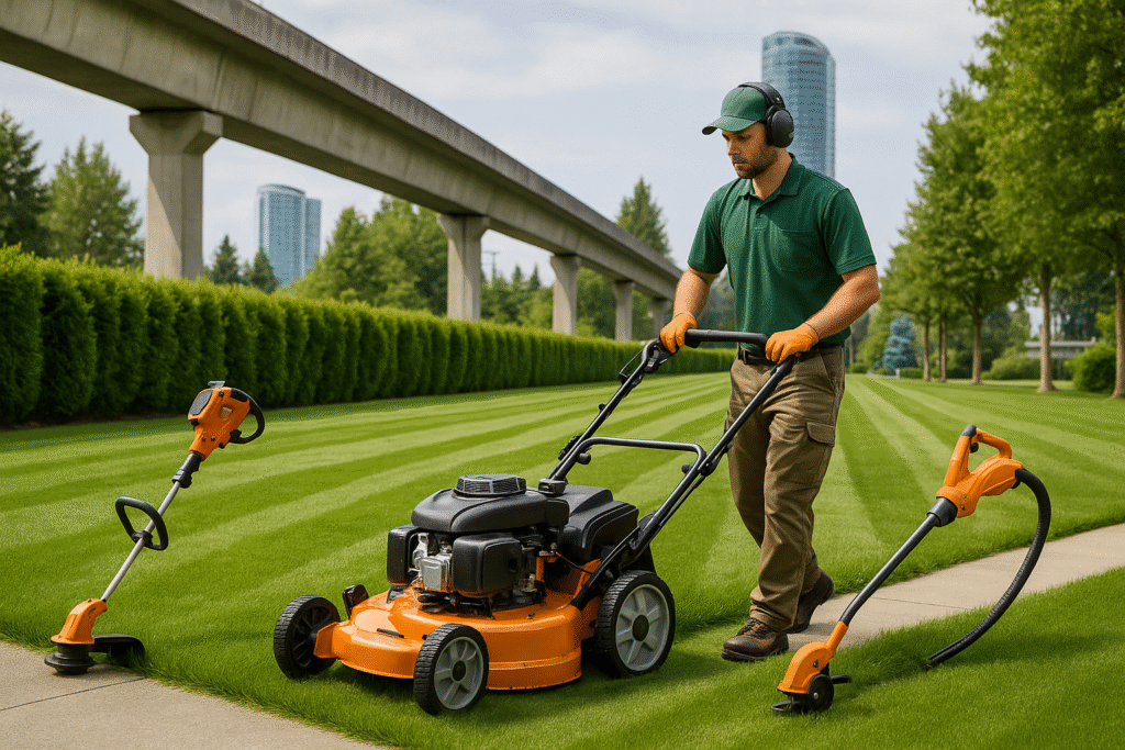 Professional landscaper mowing and edging a pristine lawn in Surrey using high end equipment