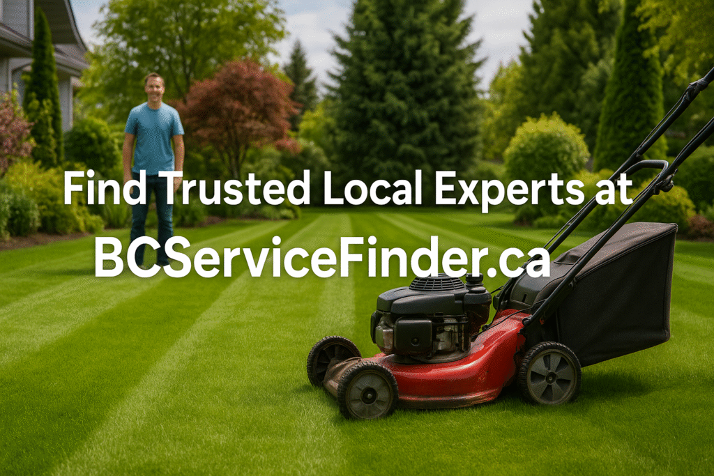 Professional lawn being mowed in BC with CTA overlay for BCServiceFinder.ca