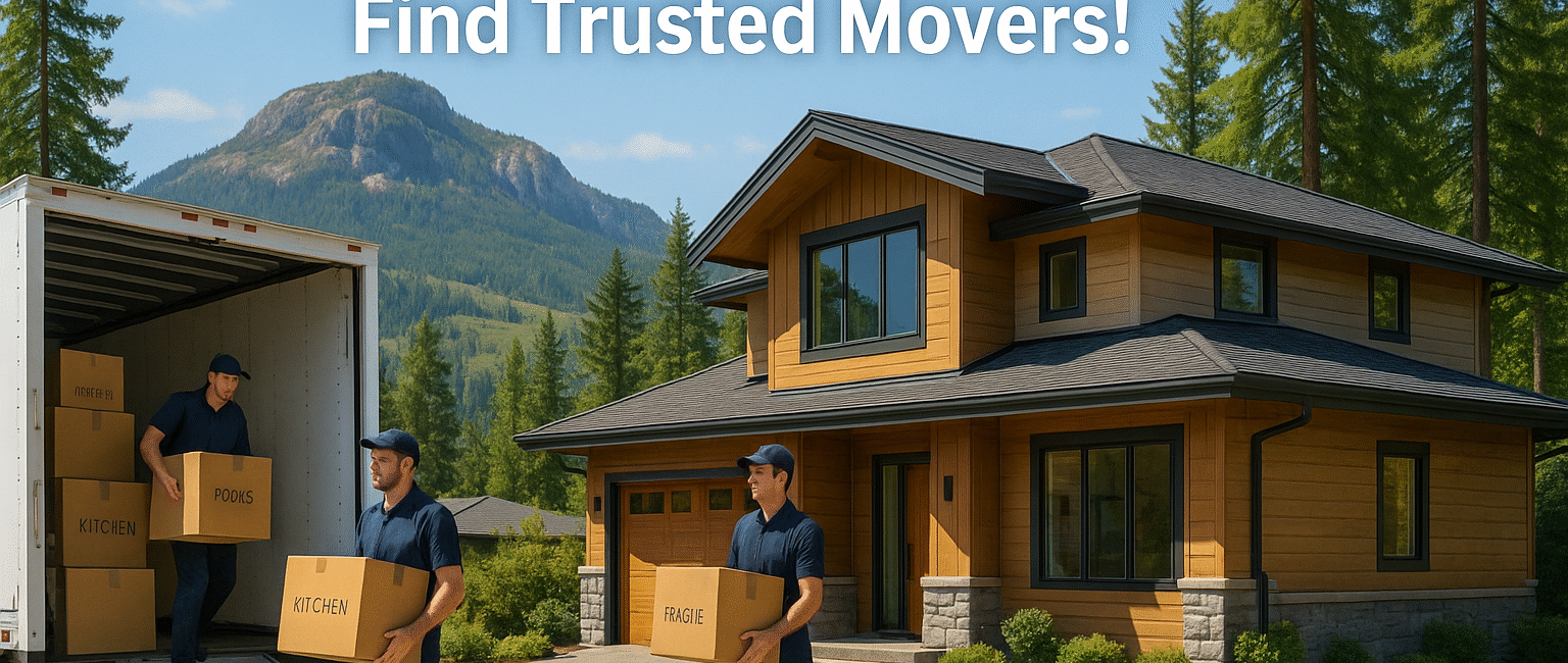 Professional movers unload a truck at a home in Langford, BC with Bear Mountain in the background under a sunny sky
